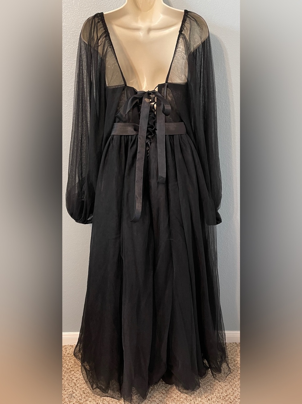 Black Gothic Corset Tulle Maxi Dress Sheer Puff Sleeve Dark Fairy Prom Renfair 4 - Picture 4 of 14